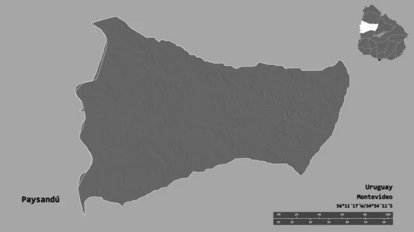 ウルグアイ省のPaysanduの形は その資本がしっかりとした背景に隔離されています 距離スケール リージョンプレビュー およびラベル 標高マップ 3Dレンダリング — ストック写真