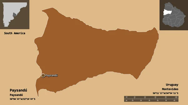 ウルグアイ省のPaysanduとその首都の形 距離スケール プレビューおよびラベル パターン化されたテクスチャの構成 3Dレンダリング — ストック写真