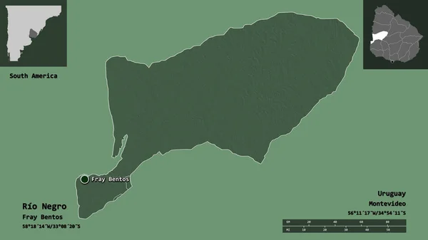 ウルグアイの首都リオ ネグロの形 距離スケール プレビューおよびラベル 色の標高マップ 3Dレンダリング — ストック写真