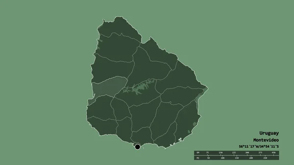 ウルグアイの首都 主要な地域部門と分離されたリオ ネグロ地域での荒廃した形 ラベル 色の標高マップ 3Dレンダリング — ストック写真