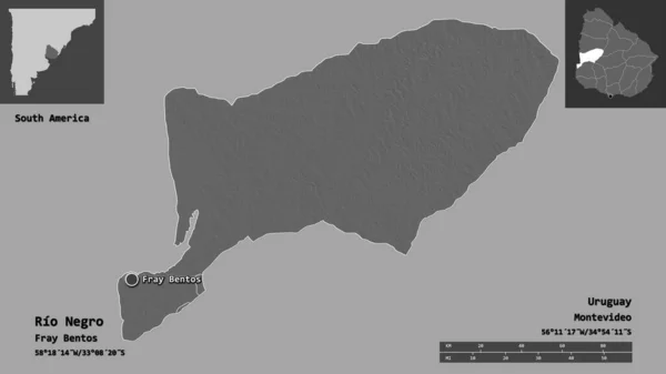 乌拉圭省里奥内格罗及其首都的形状 距离刻度 预览和标签 Bilevel高程图 3D渲染 — 图库照片