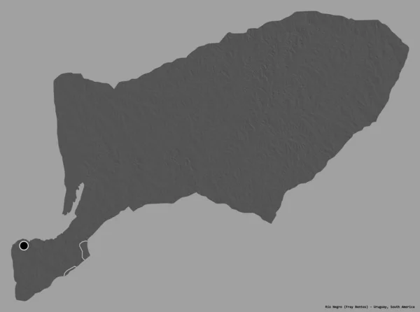 ウルグアイ県のリオ ネグロの形で その首都はしっかりとした色の背景に隔離されています 標高マップ 3Dレンダリング — ストック写真