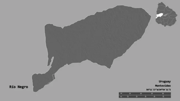 ウルグアイ省のリオ ネグロの形で その資本はしっかりとした背景に隔離されています 距離スケール リージョンプレビュー およびラベル 標高マップ 3Dレンダリング — ストック写真