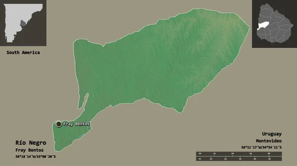 ウルグアイの首都リオ ネグロの形 距離スケール プレビューおよびラベル 地形図 3Dレンダリング — ストック写真