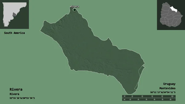リベラの形 ウルグアイ省とその首都 距離スケール プレビューおよびラベル 色の標高マップ 3Dレンダリング — ストック写真
