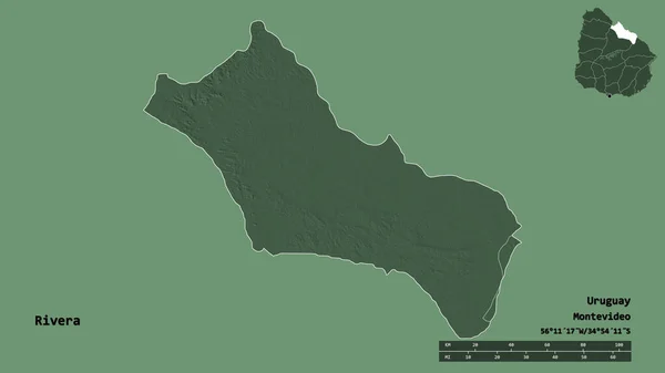 乌拉圭省里维拉市的形状 其首都背景坚实 与世隔绝 距离尺度 区域预览和标签 彩色高程图 3D渲染 — 图库照片