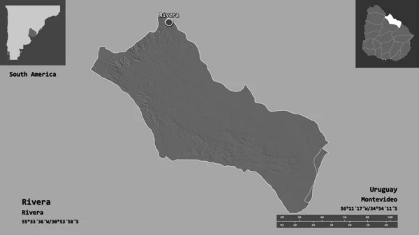 リベラの形 ウルグアイ省とその首都 距離スケール プレビューおよびラベル 標高マップ 3Dレンダリング — ストック写真