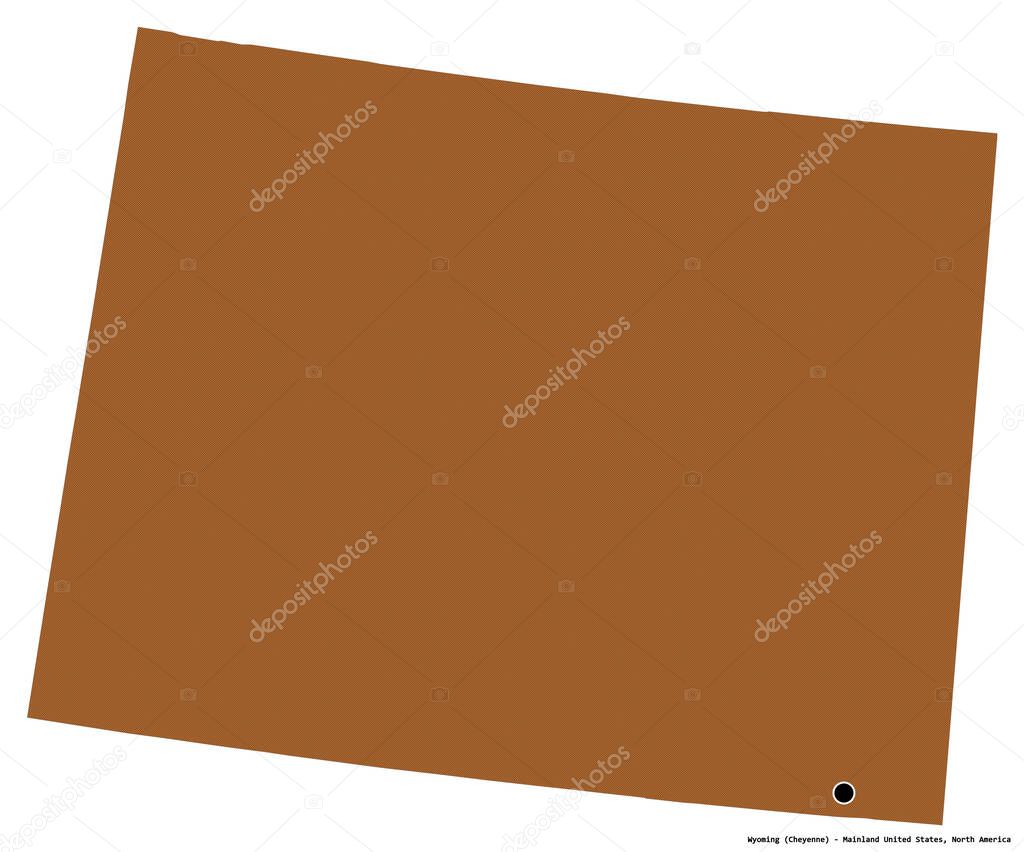 Shape of Wyoming, state of Mainland United States, with its capital isolated on white background. Composition of patterned textures. 3D rendering