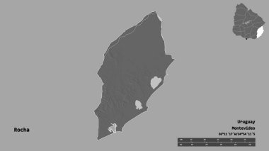 Rocha 'nın şekli, Uruguay departmanı, sermayesi sağlam arka planda izole edilmiş. Uzaklık ölçeği, bölge önizlemesi ve etiketleri. Çift seviyeli yükseklik haritası. 3B görüntüleme