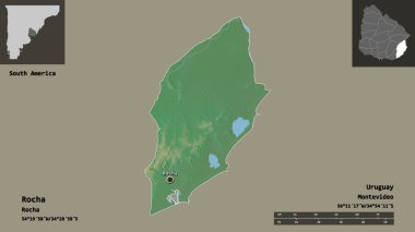 Rocha 'nın şekli, Uruguay Bölümü ve başkenti. Uzaklık ölçeği, ön gösterimler ve etiketler. Topografik yardım haritası. 3B görüntüleme