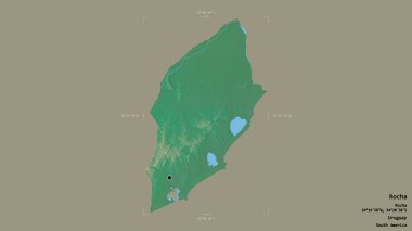 Rocha bölgesi, Uruguay departmanı, jeoreferated sınır kutusunda sağlam bir arka planda izole edilmiş. Etiketler. Topografik yardım haritası. 3B görüntüleme