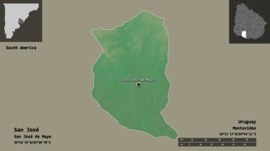 San Jose 'nin şekli, Uruguay Bölümü ve başkenti. Uzaklık ölçeği, ön gösterimler ve etiketler. Topografik yardım haritası. 3B görüntüleme