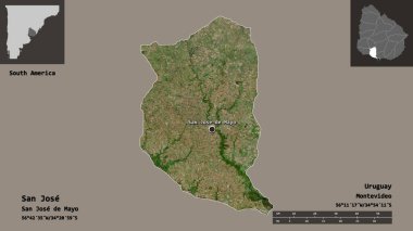 San Jose 'nin şekli, Uruguay Bölümü ve başkenti. Uzaklık ölçeği, ön gösterimler ve etiketler. Uydu görüntüleri. 3B görüntüleme