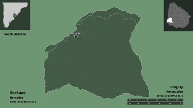 Soriano 'nun şekli, Uruguay Bölümü ve başkenti. Uzaklık ölçeği, ön gösterimler ve etiketler. Renkli yükseklik haritası. 3B görüntüleme