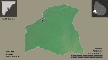 Soriano 'nun şekli, Uruguay Bölümü ve başkenti. Uzaklık ölçeği, ön gösterimler ve etiketler. Topografik yardım haritası. 3B görüntüleme