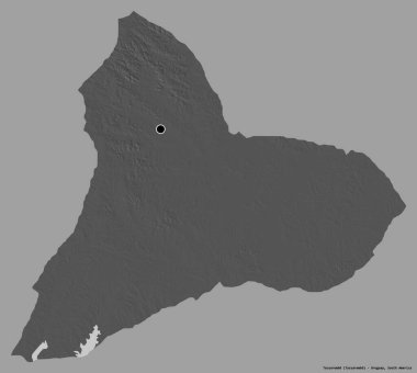 Tacuarembo 'nun şekli, Uruguay departmanı, başkenti katı renk arkaplanı ile izole edilmiş. Çift seviyeli yükseklik haritası. 3B görüntüleme