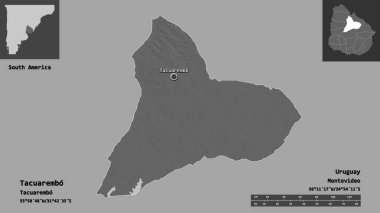 Tacuarembo 'nun şekli, Uruguay Bölümü ve başkenti. Uzaklık ölçeği, ön gösterimler ve etiketler. Çift seviyeli yükseklik haritası. 3B görüntüleme