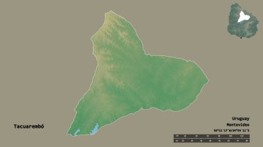 Tacuarembo 'nun şekli, Uruguay departmanı, başkenti sağlam arka planda izole edilmiş. Uzaklık ölçeği, bölge önizlemesi ve etiketleri. Topografik yardım haritası. 3B görüntüleme