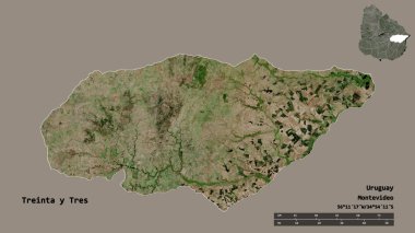 Treinta y Tres 'in şekli, Uruguay Bölümü, başkenti sağlam bir zemin üzerinde izole edilmiştir. Uzaklık ölçeği, bölge önizlemesi ve etiketleri. Uydu görüntüleri. 3B görüntüleme