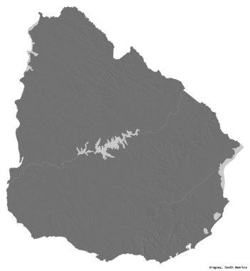 Beyaz arka planda başkenti izole edilmiş Uruguay 'ın şekli. Çift seviyeli yükseklik haritası. 3B görüntüleme
