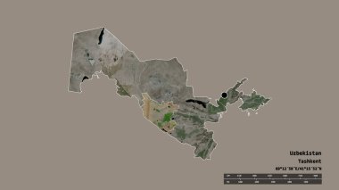 Özbekistan 'ın, başkenti, ana bölgesel bölünmesi ve bölünmüş Bukhoro bölgesiyle dejenere edilmiş şekli. Etiketler. Uydu görüntüleri. 3B görüntüleme