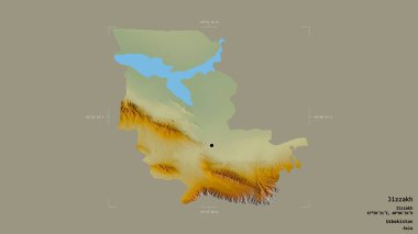 Özbekistan 'ın Jizzakh bölgesi, katı bir zemin üzerinde izole edilmiş bir sınır kutusunda. Etiketler. Topografik yardım haritası. 3B görüntüleme