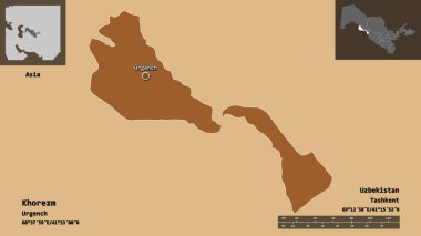 Khorezm 'in şekli, Özbekistan bölgesi ve başkenti. Uzaklık ölçeği, ön gösterimler ve etiketler. Desenli dokuların bileşimi. 3B görüntüleme