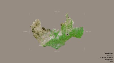 Özbekistan 'ın Namangan bölgesi, jeoreferatlı bir sınır kutusunda sağlam bir zemin üzerinde izole edilmiştir. Etiketler. Uydu görüntüleri. 3B görüntüleme