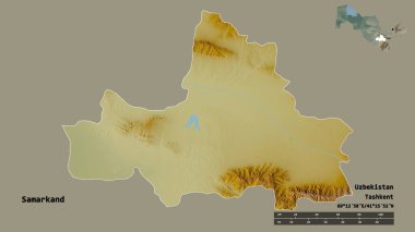 Özbekistan 'ın Semerkant bölgesi, başkenti sağlam bir zemin üzerinde izole edilmiştir. Uzaklık ölçeği, bölge önizlemesi ve etiketleri. Topografik yardım haritası. 3B görüntüleme