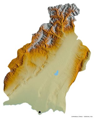 Özbekistan 'ın Surkhandarya bölgesi, başkenti beyaz arka planda izole edilmiş. Topografik yardım haritası. 3B görüntüleme