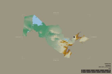 Özbekistan bölgesi, jeoreferatlı bir sınır kutusunda sağlam bir arkaplanda izole edildi. Ana bölgesel bölüm, mesafe ölçeği, etiketler. Topografik yardım haritası. 3B görüntüleme