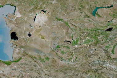 Özbekistan 'ın ülke sınırları, uluslararası ve bölgesel sınırları olan geniş bir alanı. Uydu görüntüleri. 3B görüntüleme