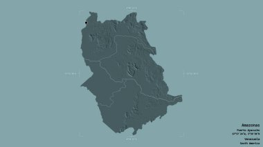 Amazon bölgesi, Venezuela eyaleti, katı bir arka planda izole edilmiş bir sınır kutusunda. Etiketler. Renkli yükseklik haritası. 3B görüntüleme