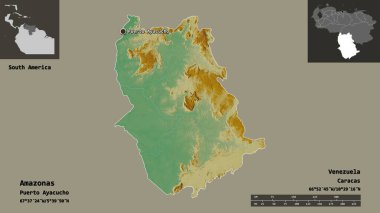 Amazon 'un şekli, Venezuela eyaleti ve başkenti. Uzaklık ölçeği, ön gösterimler ve etiketler. Topografik yardım haritası. 3B görüntüleme