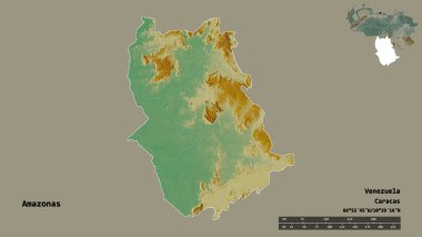 Amazonlar 'ın şekli, Venezuela eyaleti, başkenti katı bir zemin üzerinde izole edilmiş. Uzaklık ölçeği, bölge önizlemesi ve etiketleri. Topografik yardım haritası. 3B görüntüleme