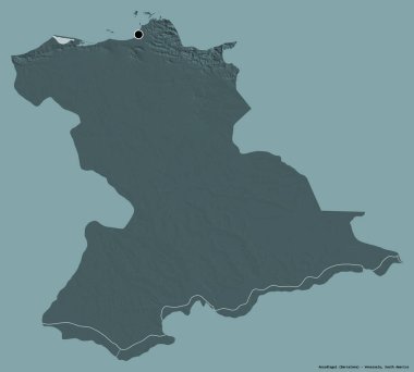 Venezuela eyaleti Anzoategui 'nin şekli, başkenti katı renk arkaplanı ile izole edilmiş. Renkli yükseklik haritası. 3B görüntüleme