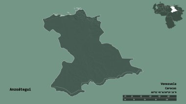 Anzoategui 'nin şekli, Venezuela eyaleti, başkenti katı bir zemin üzerinde izole edilmiş. Uzaklık ölçeği, bölge önizlemesi ve etiketleri. Renkli yükseklik haritası. 3B görüntüleme