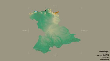 Anzoategui bölgesi, Venezuela eyaleti, katı bir arka planda izole edilmiş bir sınır kutusunda. Etiketler. Topografik yardım haritası. 3B görüntüleme