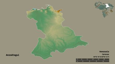 Anzoategui 'nin şekli, Venezuela eyaleti, başkenti katı bir zemin üzerinde izole edilmiş. Uzaklık ölçeği, bölge önizlemesi ve etiketleri. Topografik yardım haritası. 3B görüntüleme