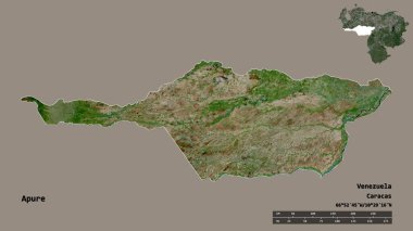 Apure 'un şekli, Venezuela eyaleti, sermayesi katı bir zemin üzerinde izole edilmiş. Uzaklık ölçeği, bölge önizlemesi ve etiketleri. Uydu görüntüleri. 3B görüntüleme