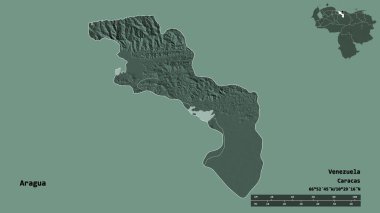 Aragua 'nın şekli, Venezuela eyaleti, başkenti katı bir zemin üzerinde izole edilmiş. Uzaklık ölçeği, bölge önizlemesi ve etiketleri. Renkli yükseklik haritası. 3B görüntüleme