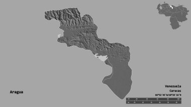 Aragua 'nın şekli, Venezuela eyaleti, başkenti katı bir zemin üzerinde izole edilmiş. Uzaklık ölçeği, bölge önizlemesi ve etiketleri. Çift seviyeli yükseklik haritası. 3B görüntüleme