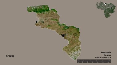 Aragua 'nın şekli, Venezuela eyaleti, başkenti katı bir zemin üzerinde izole edilmiş. Uzaklık ölçeği, bölge önizlemesi ve etiketleri. Uydu görüntüleri. 3B görüntüleme