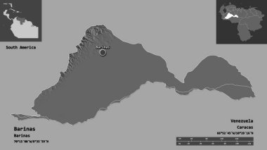 Barinas 'ın şekli, Venezuela eyaleti ve başkenti. Uzaklık ölçeği, ön gösterimler ve etiketler. Çift seviyeli yükseklik haritası. 3B görüntüleme