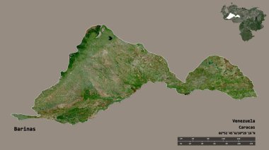 Barinas 'ın şekli, Venezuela eyaleti, başkenti sağlam bir zemin üzerinde izole edilmiş. Uzaklık ölçeği, bölge önizlemesi ve etiketleri. Uydu görüntüleri. 3B görüntüleme