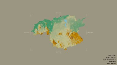Bolivar bölgesi, Venezuela eyaleti, katı bir arka planda izole edilmiş bir sınır kutusunda. Etiketler. Topografik yardım haritası. 3B görüntüleme