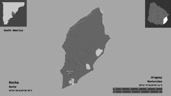 乌拉圭省罗查的形状及其首都 距离刻度 预览和标签 Bilevel高程图 3D渲染 — 图库照片
