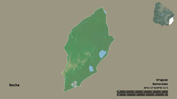 ウルグアイ省のロチャの形で その首都はしっかりとした背景に隔離されています 距離スケール リージョンプレビュー およびラベル 地形図 3Dレンダリング — ストック写真