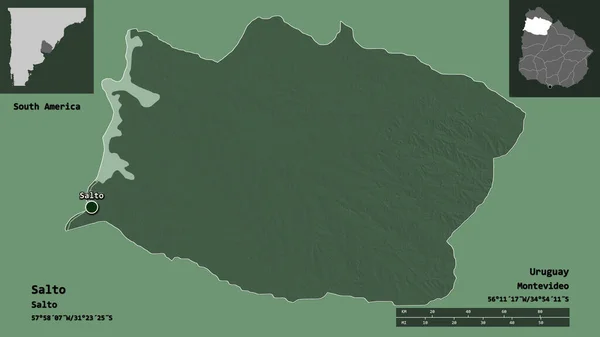 乌拉圭省萨尔托及其首都的形状 距离刻度 预览和标签 彩色高程图 3D渲染 — 图库照片