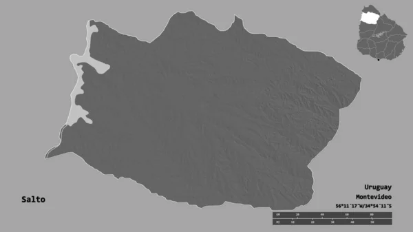 乌拉圭萨尔托省的形状 其首都在坚实的背景下与世隔绝 距离尺度 区域预览和标签 Bilevel高程图 3D渲染 — 图库照片